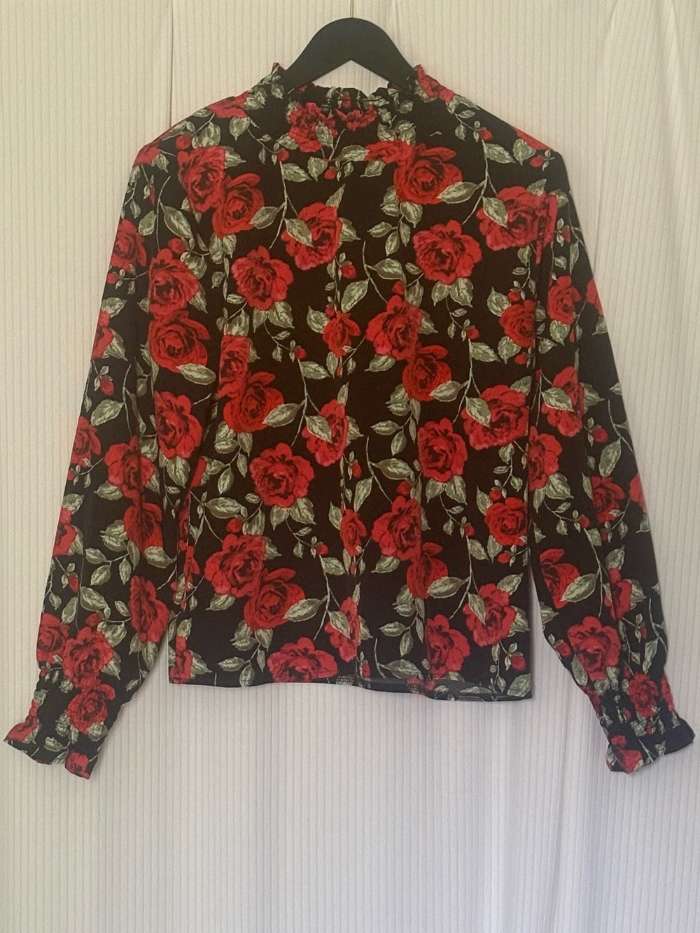 Shein Blouse Black with Red Roses print Rouged Neck and Cuffs Long Sleeve